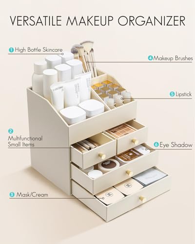 VLANDO Makeup Organizer Countertop,Large Vanity Organizer PU Leather Make up Storage with 4 Drawers Perfume Organizers Cosmetic Display Case for Lipstick,Brushes,Bedroom-Beige - color: 4 layers-Beige
