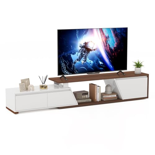 Verano Garden Extendable TV Stand with Led Lights, Wood TV Media Console with 2 Drawers & 1 Cabinet, Modern Entertainment Center Up to 90 Inch TV for Living Room Bedroom, 63" - 90.6" (White & Walnut) - color: White & Walnut