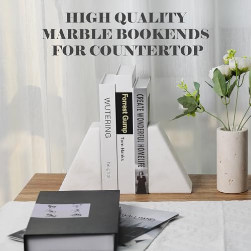 Karibiber Marble Book Ends Decorative, Unique Bookends for Shelves, White Stone Bookends Holds Heavy Books, Weighted Book Holder Stopper for Home Office Desk Bookshelf Decoration, Set of 2 - color: Fantasy White