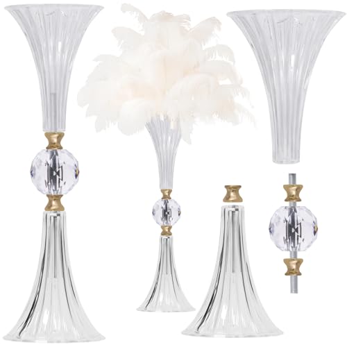 VIJIV Crystal Acrylic Trumpet Vase for Wedding Centerpieces & Home Decor - 18.9" Clear Flower Stand with Ribbed Texture, Gold Accents, Table/Floor Vase for Events, Bridal Showers & Boho Weddings - size: S/18.9 Inch Tall