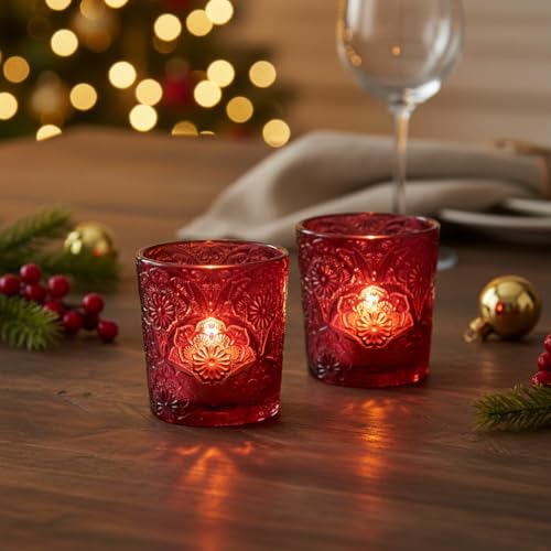 6 Pack Mandala Embossed Glass Candle Holders – Votive Tealight Holders with Patent Design, Decorative Embossed Glass Cups for Wedding Centerpieces, Parties, and Home Décor (Wildberry Red) - color: Wildberry Red