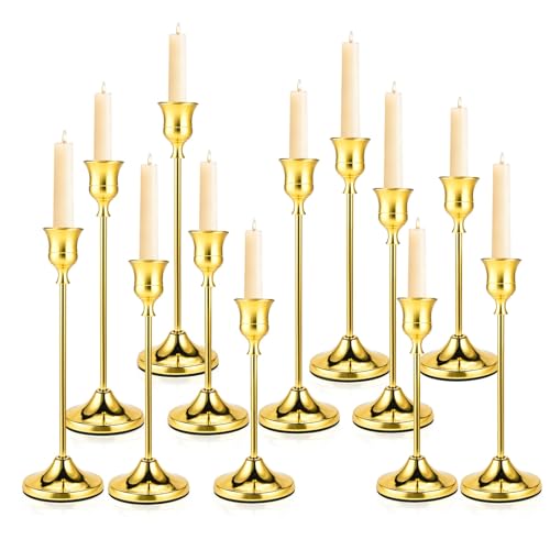 Brass Gold Candle Holders Set of 12, Metal Taper Candlestick Holders in 3 Heights - Vintage Candle Stick Holder Brass Decor - Candle Holder Centerpieces for Wedding Table Home Christmas Decoration