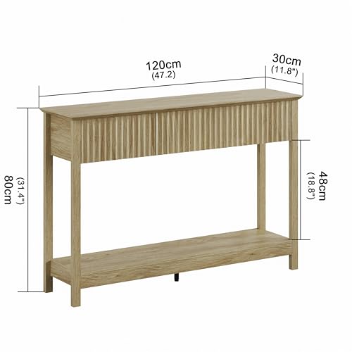 Treocho 47" Fluted Console Table with 3 Drawers, Narrow Long Entryway Table with Storage and Shelf, 2-Tier Sofa Table Behind Couch Accent Tables for Entrance Foyer, Hallway, Living Room, Oak - color: Natural