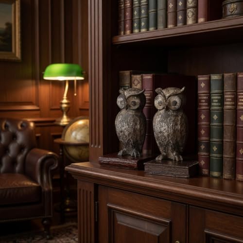Bellaa 21725 Decorative Owl Bookends - Rustic Farmhouse Book Ends for Shelves, Non-Skid Wide Eyed Bird Design, Vintage Boho Home Office Library Decor