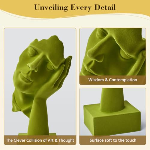 Velvet Flocked Thinker Sculpture for Bookshelf Decor, Hear No Evil Flocked Emotional Art Figurine Modern Abstract Art Statue Spring Decor for Home, Office, Desk Decor (Green) - color: Nohear-green