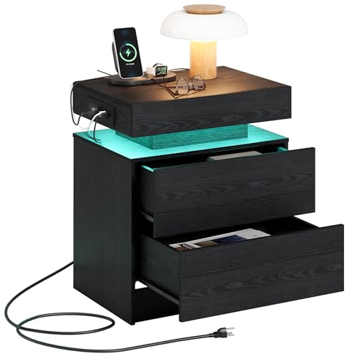 LIKIMIO Night Stand with Charging Station, Modern Black Nightstand with LED Light and Drawers, Bedside Tables/End Table for Bedroom - color: Black