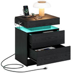 LIKIMIO Night Stand with Charging Station, Modern Black Nightstand with LED Light and Drawers, Bedside Tables/End Table for Bedroom - color: Black
