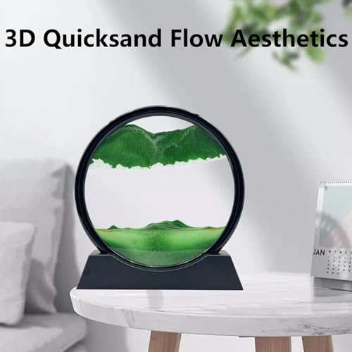 AzureLeap Moving Sand Art Liquid Motion, 3D Deep Sea Sandscape Color Quicksand Decor, Round Glass Moving Sand Art Picture Relaxing Desktop Home Office Work Decor (7 inch-Green) - color: Green, size: 7 inch