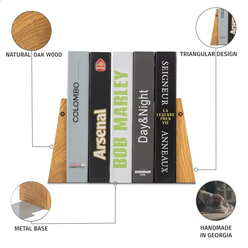 TILISMA Book Ends for Shelves - Handmade Wooden Bookends with Metal Base, Walnut Tree - Sturdy Book Holders for Bookshelves - Fancy Modern Decorative Bookends, Heavy Duty – Home Décor Accessories - color: Oak