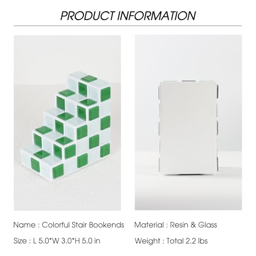 Decorative Bookends for Shelves - Stair Book Ends for Heavy Books - Unique Book Stopper & Holder for Shelves - Modern Home Decor Aesthetic Bookshelf Decor (Green & White) - color: Green & White