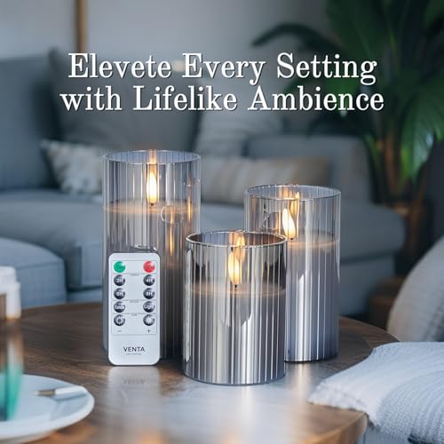 VENTA Flickering Flameless Candles With Remote Control - Led Candles Battery Operated - Battery Operated Candle For Decoration Table, Timer & Dimmer Features, Set - 3Pcs (4",5",6") (Grey Ribbed Glass) - color: Glass Grey Ribbed