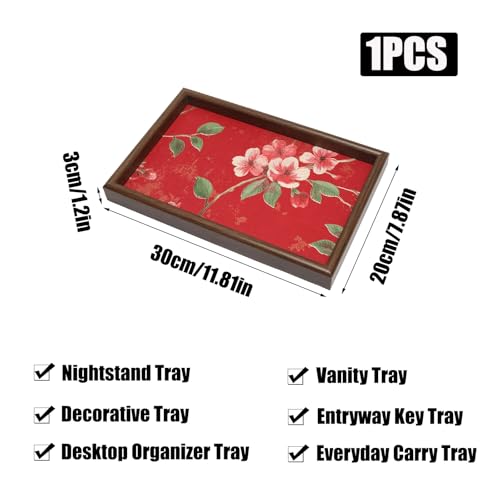 Wooden Valet Tray with Floral Base, EDC Catch All Tray Nightstand Entryway Table Vanity Organizer 11.8x7.9, Red Vintage Blossoms - color: Red Blossoms