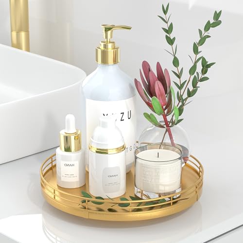 9" Gold Lazy Susan for Table Top, Oak Wood Lazy Susan Turntable Organizer for Dining Coffee Table Centerpiece Bar Decor Kitchen Countertop Bathroom Vanity Decorative Tray for Perfume Jewelry Round - color: Golden, size: 9