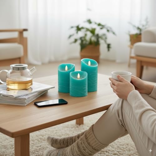 VENTA Turquoise Real Wax Flameless Candles, Set of 3 | Realistic Teal LED Pillar Candles with Remote & Timer | Perfect for Coastal, Beach House & Nautical Decor - color: Turquoise