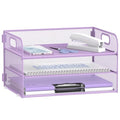 DALTACK 3 Tier Paper Organizer with Handle, Mesh Metal Desk Organizer with Sliding Paper Trays for Letter/A4 Paper, Mail, Bills & Folders, Purple - color: Purple