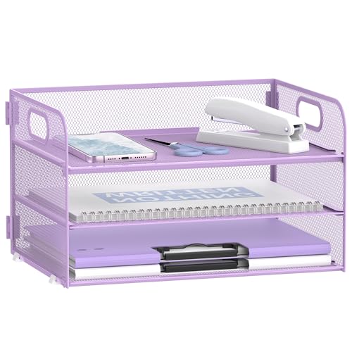 DALTACK 3 Tier Paper Organizer with Handle, Mesh Metal Desk Organizer with Sliding Paper Trays for Letter/A4 Paper, Mail, Bills & Folders, Purple - color: Purple