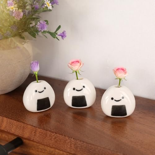 Mini Ceramic Bud Vases, Cute Small Tiny Flower Vases for Home Decor, Wedding Party, Birthday Gift (Ceramic Japanese Rice Ball-5 Pack)