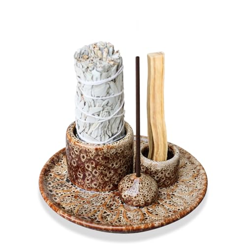 Palo Santo Sticks Holder, Multi-Purpose Handmade Ceramic Incense Burner for Palo Santo Incense Sticks, Sage Holder for Burning, Ash Catcher Tray for Meditation Yoga Room-Brown White - color: Brown White