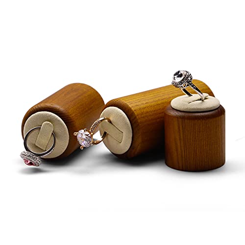 Solid Wood Ring Display Stand 3 Piece Cylindrical Microfiber Ring Holder Wooden Jewelry Display Holders Showcase Display (White) - color: Beige
