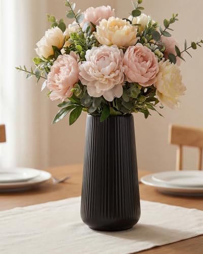 Black Ceramic Vase, 8 Inch Flower Vase for Pampas Grass, Modern Ribbed Decorative Vase with Narrow Opening for Living Room Table, Shelf Decor - color: Black01