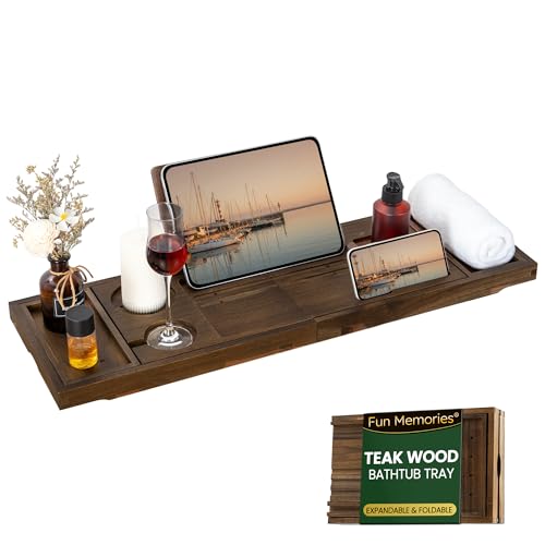Teak Bathtub Tray - Luxury Bath Tray with Expandable Handles, Wine Glass and Phone Holders, Book Stand - Perfect for Home Spa Relaxation and Reading - Natural Bath Accessories - Dark Walnut Color - color: Dark Walnut-expandable