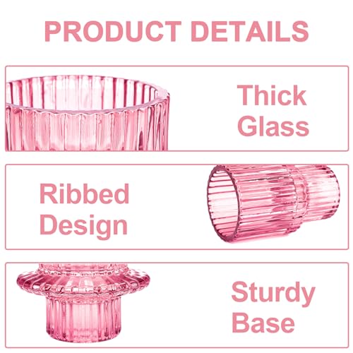 Candlestick Holders Set of 6, Ribbed Glass Taper Candle Holders, Reversible Pink Tealight & Candle Stick Candle Holder Vintage Crystal Tapered Candlestick for Wedding Dinner Party Festival - color: Pink