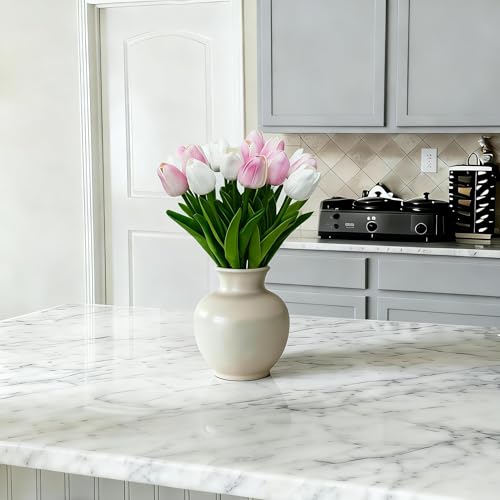 20pcs White and Pink PU Faux Tulips Flowers 13 Inch Fake Flowers Mother's Day Easter Valentine’S Day Gifts in Home Kitchen Wedding Dining Table Decoration - color: White and Pink