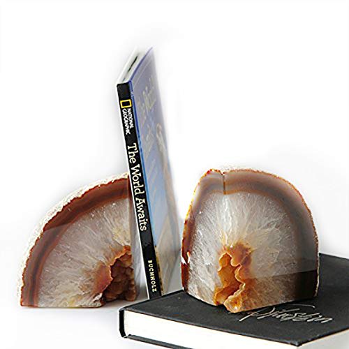 JIC Gem Natural Geode Bookends Decorative Agate Book Ends Stone Book Ends Holders for Shelves with Rubber Bumpers (1 Pair, 3-4 LBS) - color: Natural, size: 3-4LBS.
