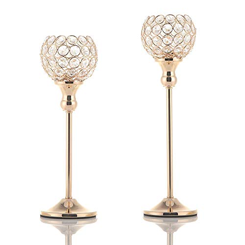 VINCIGANT Gold Crystal Candle Holders Set of 2,Pillar Candlesticks for Table Centerpieces, Valentine's Day Home Decor Wedding Party Housewarming Gift - size: 2 pcs 13" & 15" Tall