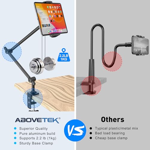 AboveTEK Tablet Stand Holder for Desk & Bed, Aluminum iPad Holder Arm with 360° Rotating Clamp, Adjustable Phone Stand Compatible with 4.7"-13.5" iPad Pro/Air/Mini, iPhone, Galaxy Tab- Black - color: Black
