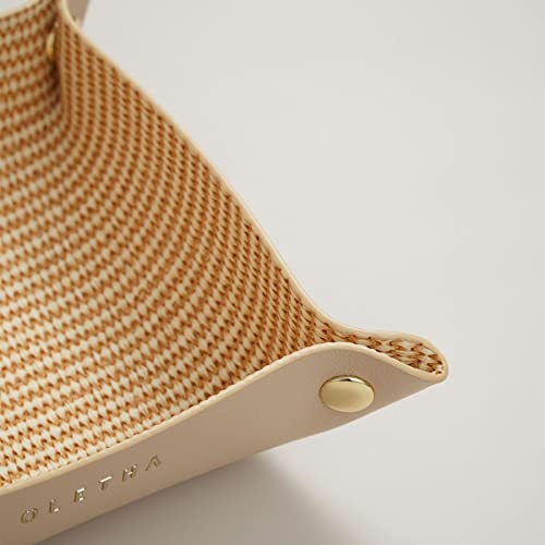 OLETHA Small Foldable Valet Tray - Aesthetic Desk Organizer for Home, Office & Travel - Portable Catch All Bowl for Keys, Scrunchie & Jewelry - Rattan Textured, Beige - color: Rattan Textured, Beige