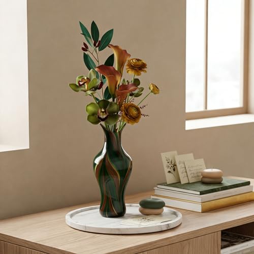 Handblown Art Glass Vase, 12.4" Tall Heavy Duty Decorative Flower Vase with Unique Swirl Pattern, Modern Murano Style Mouth-Blown Bud Vase for Luxury Home Decor & Gifting (Green)