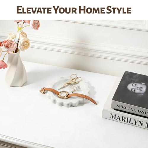 Koville 5.51" Scalloped Marble Tray, Round Stone Jewelry Trinket Dish for Ring, Natural Small Marble Tray for Bathroom Kitchen Dresser Countertop, Decorative Candle Tray(Bianco Carrara) - color: Carrara, size: D=5.51"