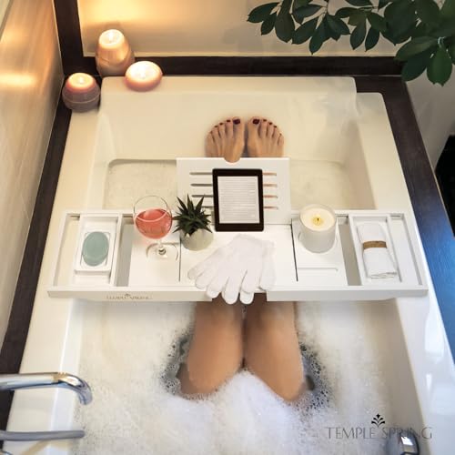 Temple Spring Bamboo Bathtub Tray Caddy for Tub — Expandable Wood Bath Tray with Solid Book Stand Wine Holder and Non-Slip Pads — Includes Bamboo Soap Dish and Spa Accessories — Luxury Bath Gift Set - color: White
