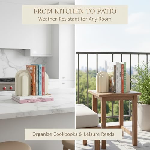 Concrete Bookends for Shelves - Vintage Heavy Duty Decorative Book Ends for Heavy Books, Concrete Book Stopper for Decorative Books Reinforced Modern Design, Durable for Living Room & Study(2-Pack) - color: White