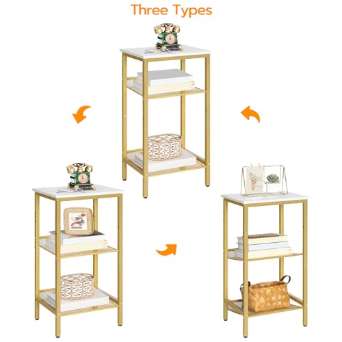 HOOBRO Tall Side Table, 3-Tier Telephone End Table with Adjustable Mesh Shelves, Small Entryway Table with Storage, Small Nightstand for Living Room, Bedroom, Hallway, White and Gold DW01DH01G1 - color: White + Gold