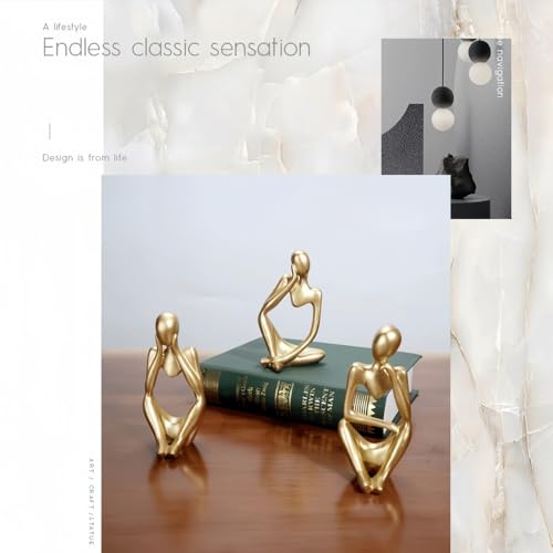 Thinker Statues Home Decor, Set of 3 Pcs Golden Resin Trendy Abstract Art Sculpture Collectible Figurines Home Office Bookshelf Bedrooms Living Room Coffee Shops Desktop Decoration Aesthetic Ornaments - color: Gold