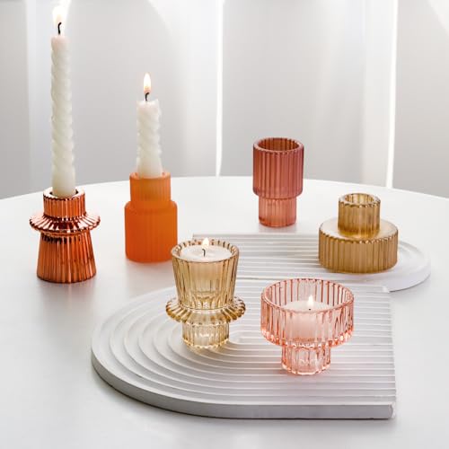Pink Candlestick Holders 6PCS for Tealight Candle Stick Candles, Ribbed Glass Taper Candle Holders Set, Table Centerpieces for Weddings Christmas Home Decor Indoor and Outdoor - color: Pink