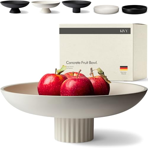 KIVY Concrete Fruit Bowl for Kitchen Counter - Large Decorative Pedestal Bowl for Home Decor - Modern Key Bowl for Entryway Table - White - color: Cream, style: Ribbed