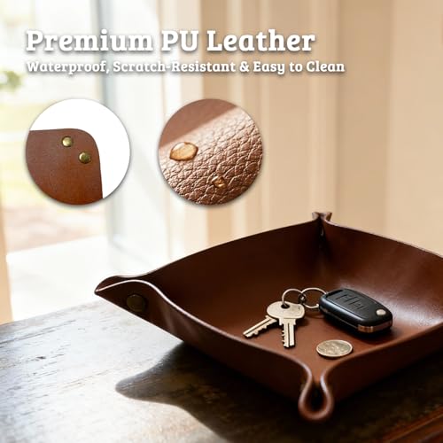 3 PACK PU Leather Jewelry Valet Tray Organizer, Foldable & Portable Catch All Bowl for Entryway Table, Nightstand, Desk & Travel | Storage Dish for Keys, Watch, Coin, Glasses (Brown) - color: Brown