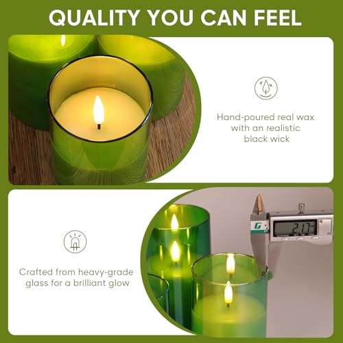 Eywamage Green Glass Flameless Pillar Candles with Remote, Flickering Spring Battery LED Candles Holiday Decor Set of 3 - color: Green