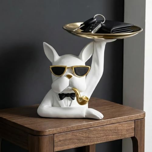 White Dog Sculpture Tray 7.5 Inch Resin Statue Figurine with Removable Serving Tray Cute Animal Decor for Entryway Coffee Table Unique Gift for Dog Lovers - color: White