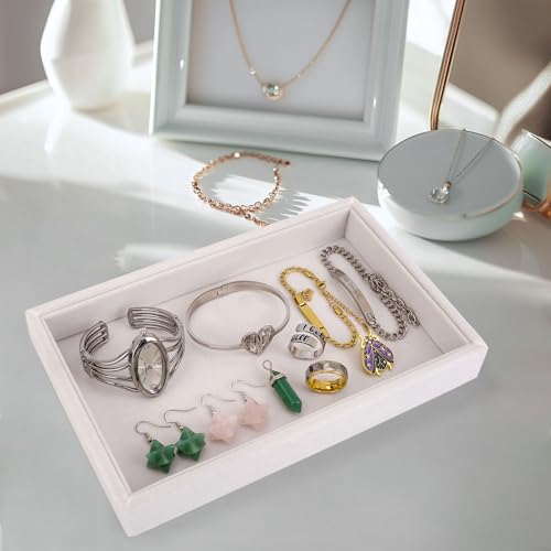 Mornajina 9" x 5.7" Velvet Jewelry Tray Jewelry Display Tray, Stackable Empty Plate Trays for Earrings Necklaces Bracelet Rings Display Showcase - Beige - color: Beige, size: Flat Tray 9"x5.7"