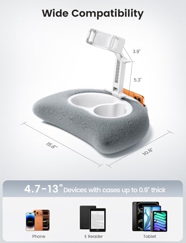 Lamicall Tablet Pillow Holder Kindle Stand - [360° Adjustable Arm][Snack Bowl] iPad Lap Holder, Kindle Accessories for Reading in Bed, iPad Stand with Bowl for 4.7-13" Tablet, E-Reader, iPhone - color: Gray