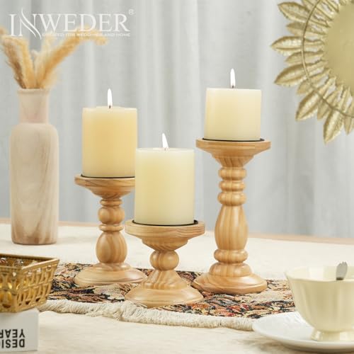 Wood Pillar Candle Holder: Rustic Wooden Candle Stand Farmhouse Fall Decor Distressed Brown Centerpieces for Tables Mantel Dining Living Room Christmas Set of 3 - color: Brown, size: 3.94", 5.9", 7.87"