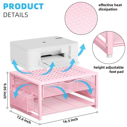 Marbrasse Metal Printer Stand for Desk with Storage Drawer and 2 Pen Holders, 2-Tier Desktop Organizer Printer Table for Home Office, Multi-Purpose Desk Organizer for Fax Machine Scanner Files(Pink) - color: Pink