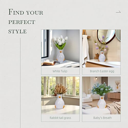 Handmade Ceramic Duck Vase - Modern Tabletop Fun Vase - Suitable for Dried Flowers, Tulips, Roses, Lilies & Pampas Grass - Cute Animal Centerpiece for Home, Wedding, or Gift - color: White