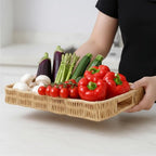 Scalloped Tray Rectangle with Handles, 13.98 x 9.84 x 1.77 Inch Hand Woven Serving Trays Rustic Plastic Coffee Table Decorative Tray for Living Room, Kitchen, Bathroom, Dining Table Decor