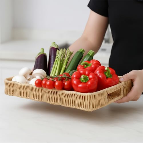 Scalloped Tray Rectangle with Handles, 13.98 x 9.84 x 1.77 Inch Hand Woven Serving Trays Rustic Plastic Coffee Table Decorative Tray for Living Room, Kitchen, Bathroom, Dining Table Decor