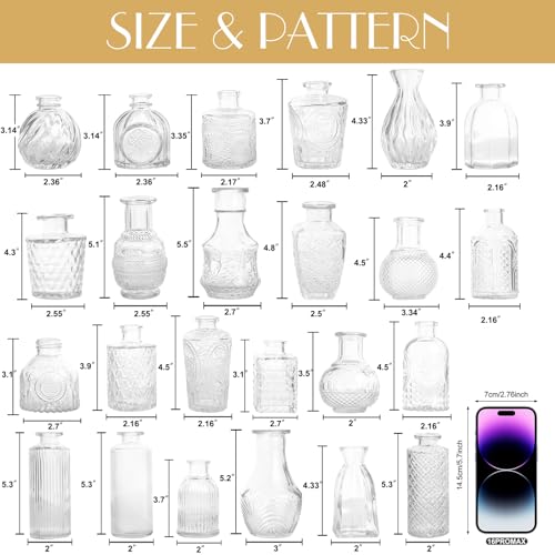 Petal Petite Glass Vase Set of 24 Small Clear Glass Bud Vases, Mini Vintage Flower Vases for Wedding Centerpieces & Table Décor, Champagne Vases in Bulk for Single Stem, Home and Office Decor - color: Clear
